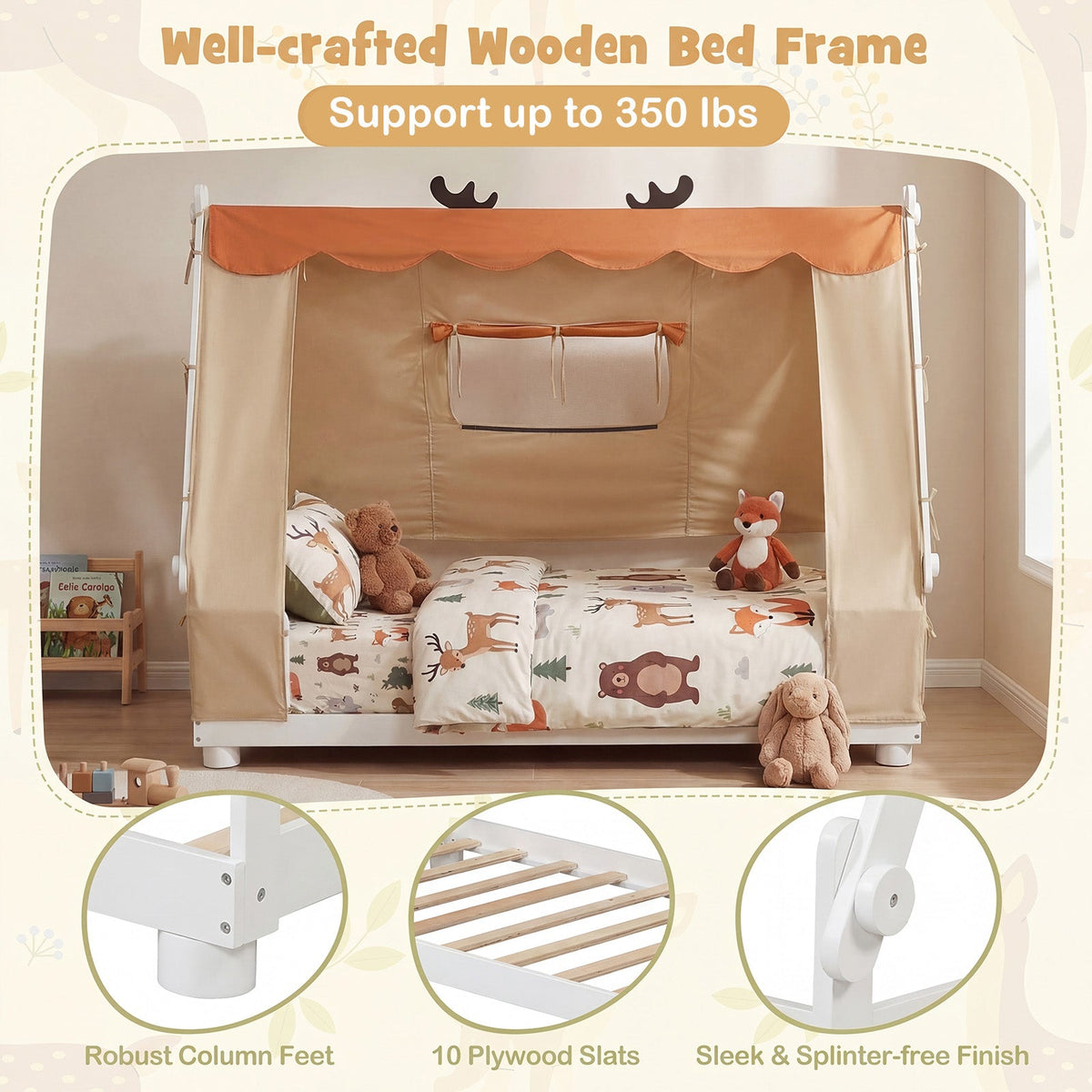 Twin Size House Floor Wood Bed with Tent-Simple Bed Frame-DECOROLALA