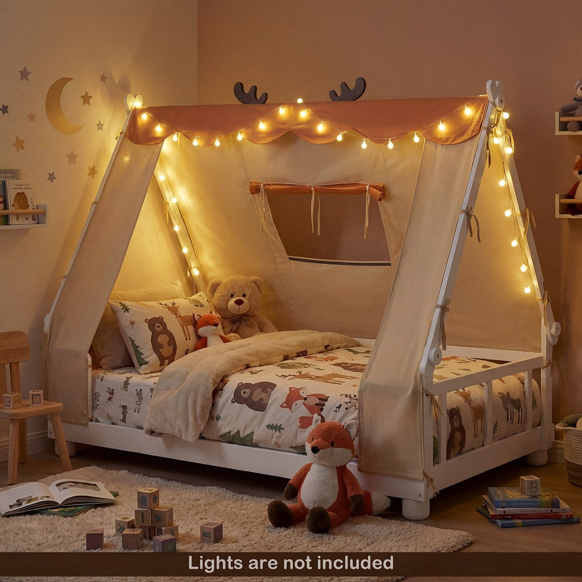 Twin Size House Floor Wood Bed with Tent-Simple Bed Frame-DECOROLALA