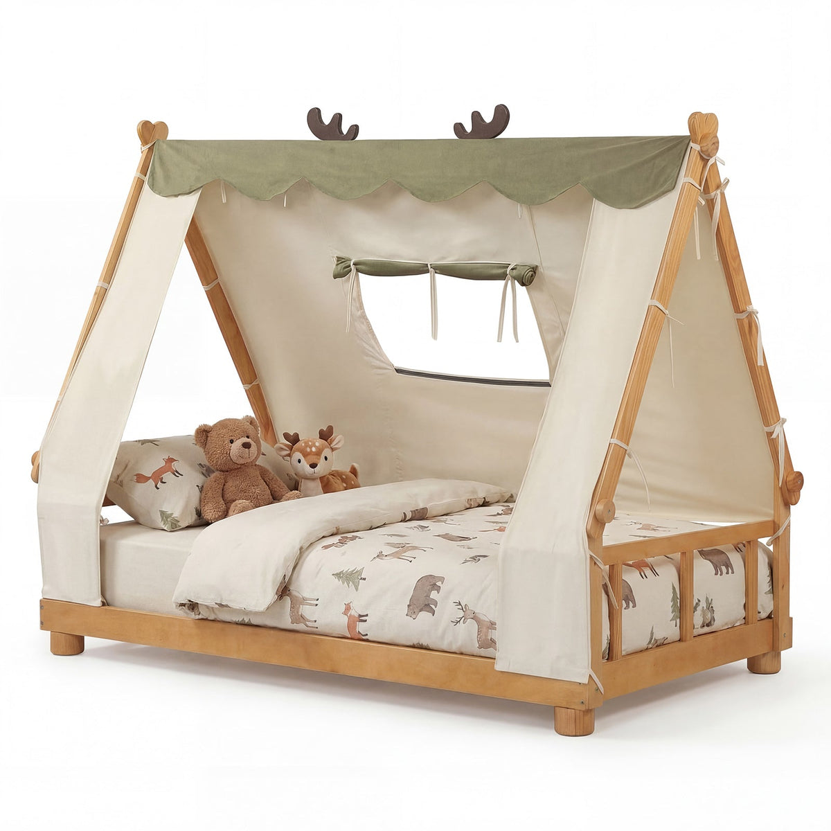 Twin Size House Floor Wood Bed with Tent-Simple Bed Frame-DECOROLALA