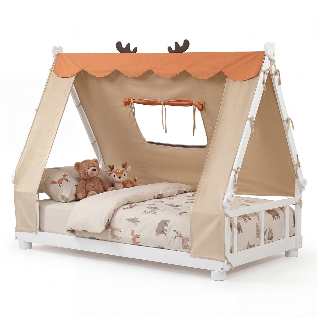 Twin Size House Floor Wood Bed with Tent-Simple Bed Frame-DECOROLALA