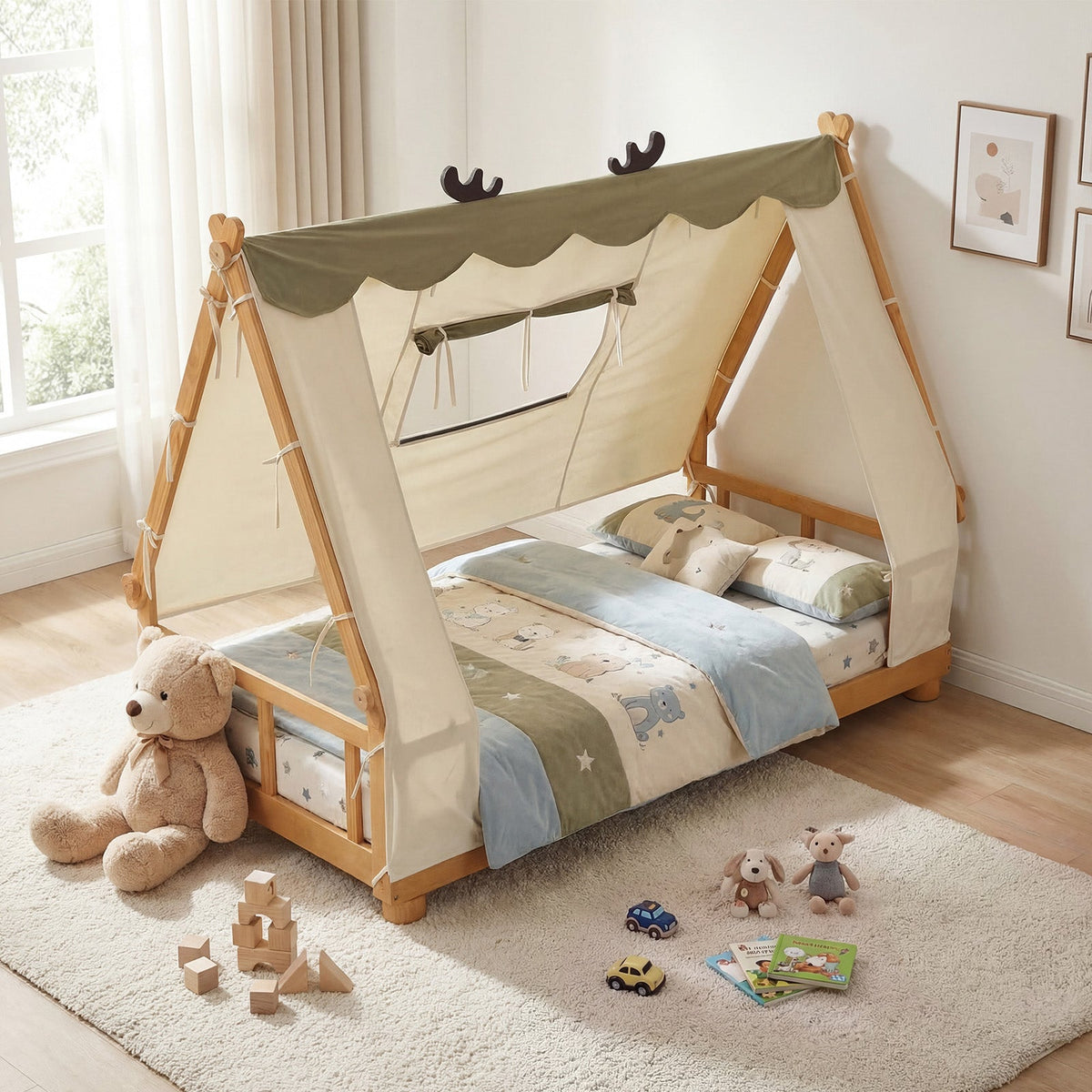 Twin Size House Floor Wood Bed with Tent-Simple Bed Frame-DECOROLALA