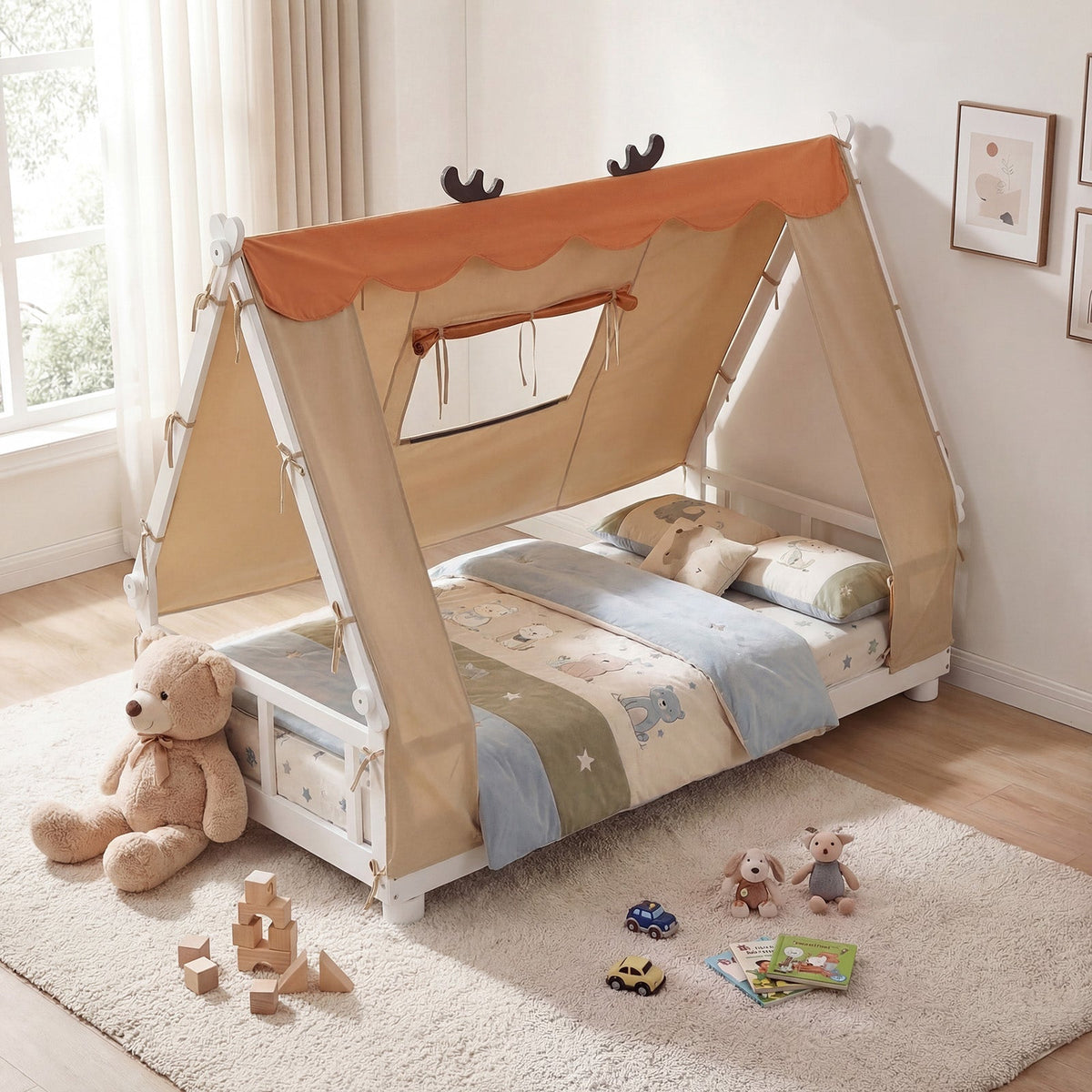 Twin Size House Floor Wood Bed with Tent-Simple Bed Frame-DECOROLALA
