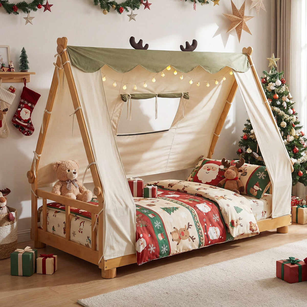 Twin Size House Floor Wood Bed with Tent-Simple Bed Frame-DECOROLALA