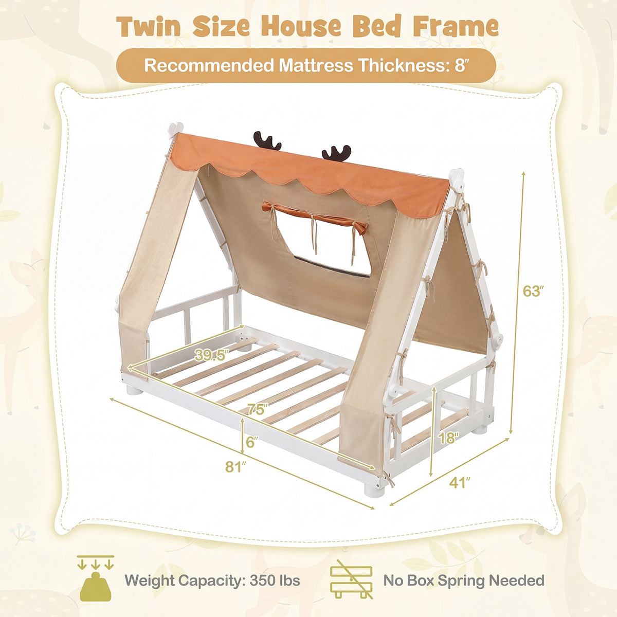 Twin Size House Floor Wood Bed with Tent-Simple Bed Frame-DECOROLALA