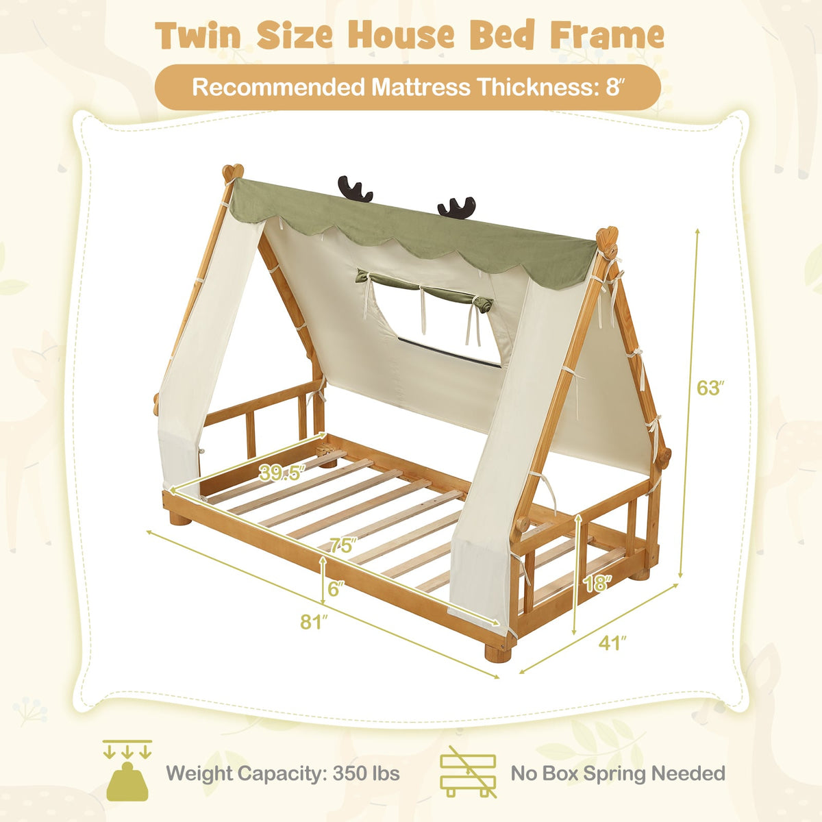 Twin Size House Floor Wood Bed with Tent-Simple Bed Frame-DECOROLALA