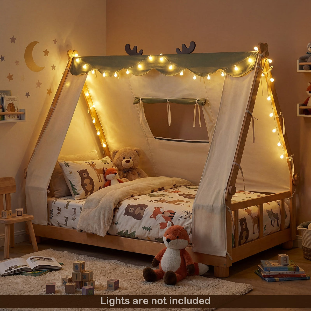 Twin Size House Floor Wood Bed with Tent-Simple Bed Frame-DECOROLALA