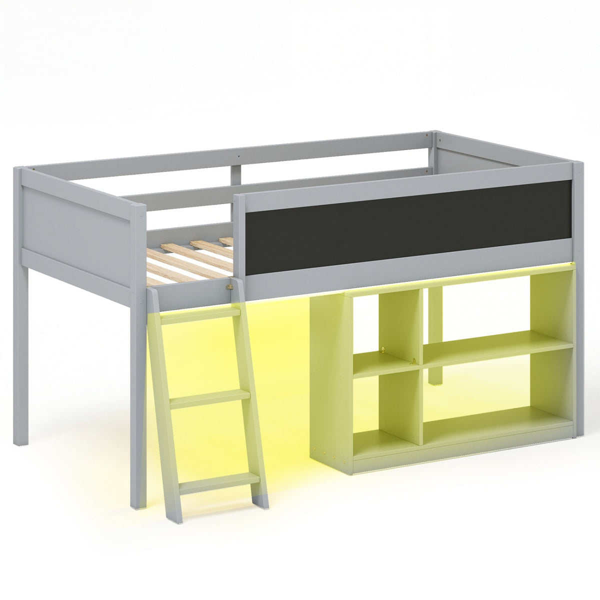 Twin Size Kids Loft Bed with LED Lights, Chalkboard and Bookcase-Bunk Bed Frame-DECOROLALA