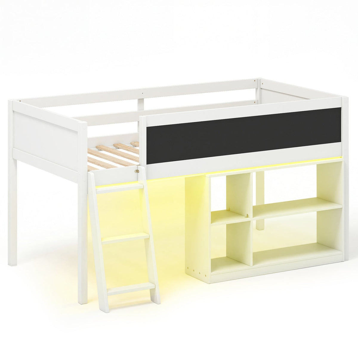 Twin Size Kids Loft Bed with LED Lights, Chalkboard and Bookcase-Bunk Bed Frame-DECOROLALA