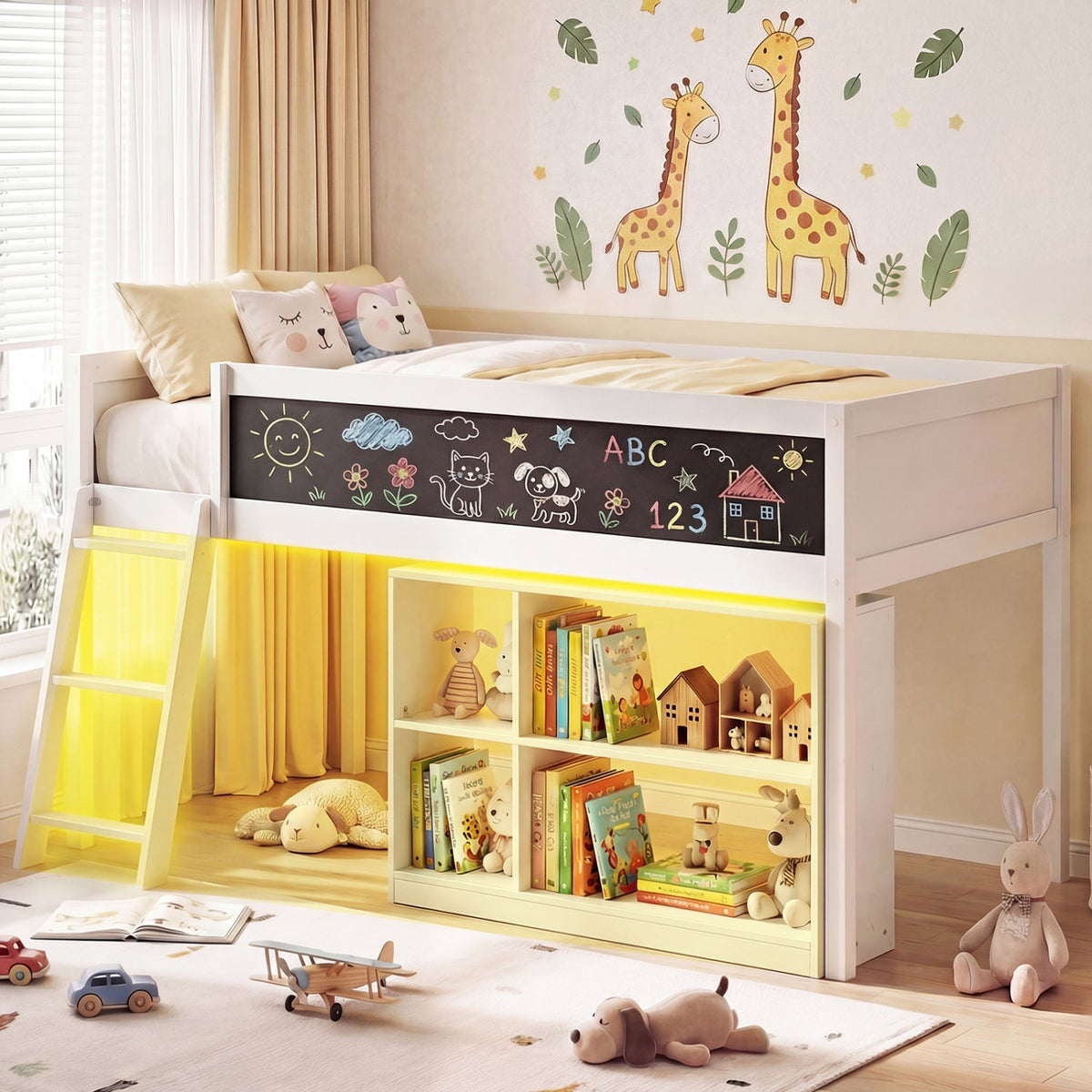 Twin Size Kids Loft Bed with LED Lights, Chalkboard and Bookcase-Bunk Bed Frame-DECOROLALA
