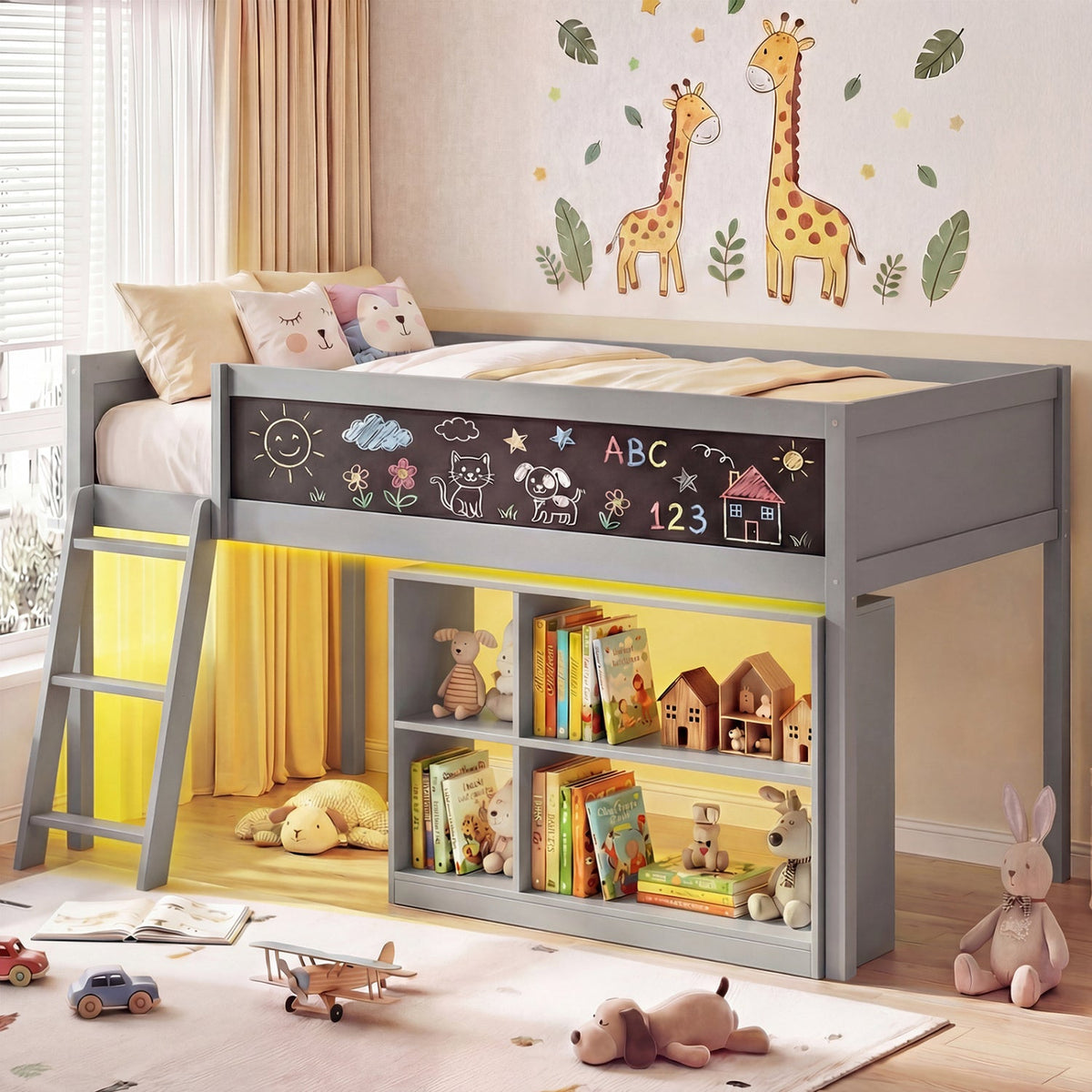 Twin Size Kids Loft Bed with LED Lights and Removable Bookcase-Bunk Bed Frame-DECOROLALA