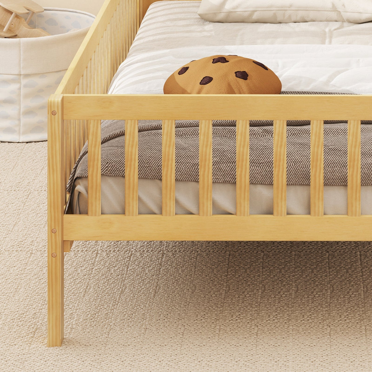Twin Size Kids Montessori Bed with House-Shaped Headboard and Built-in Storage Shelf-Simple Bed Frame-DECOROLALA