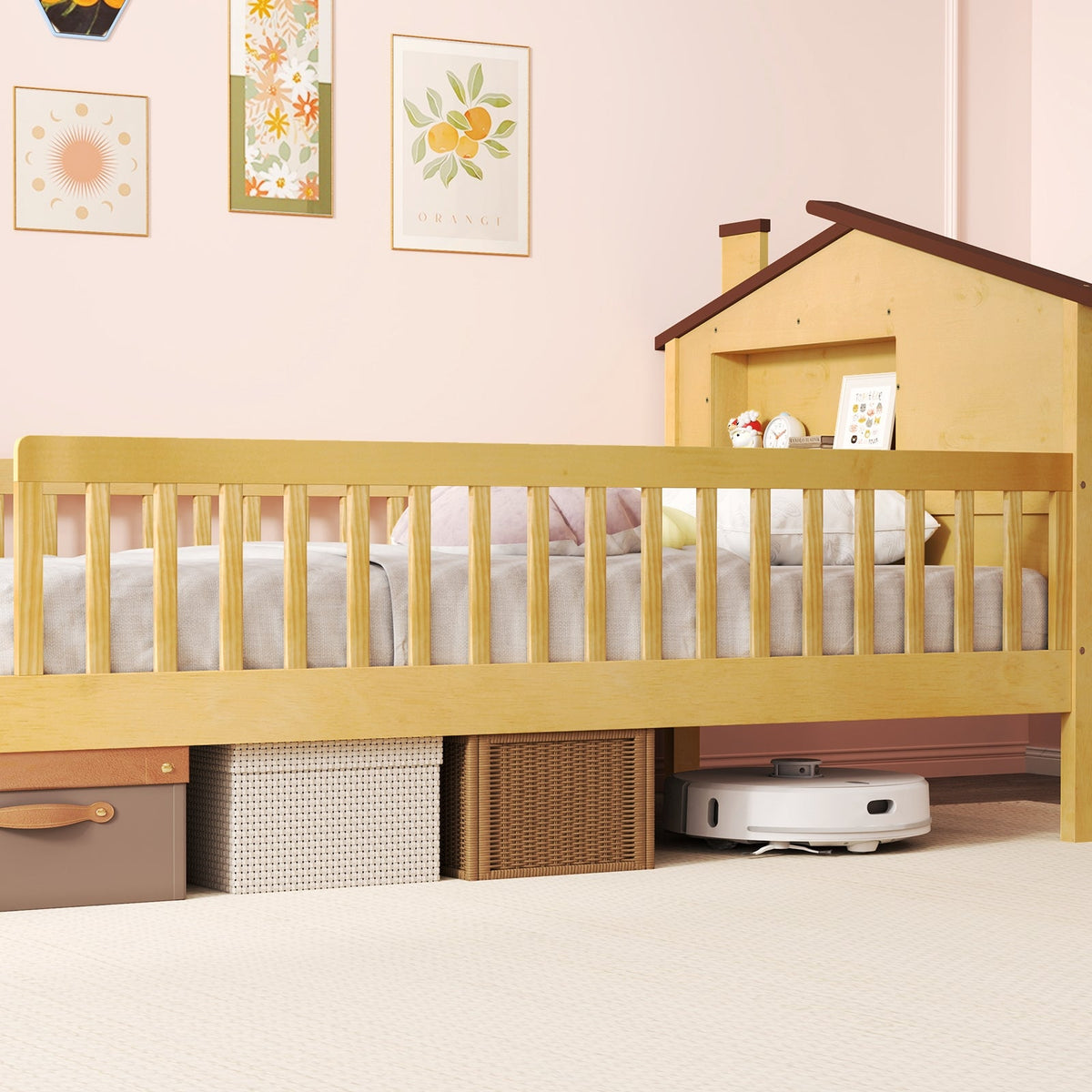 Twin Size Kids Montessori Bed with House-Shaped Headboard and Built-in Storage Shelf-Simple Bed Frame-DECOROLALA
