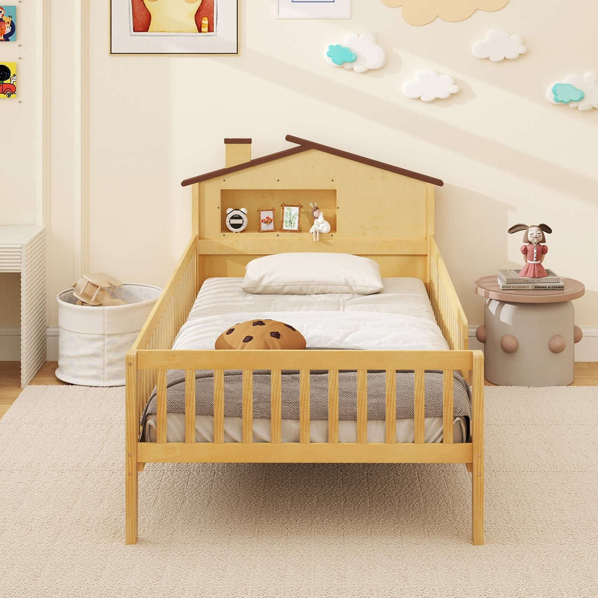 Twin Size Kids Montessori Bed with House-Shaped Headboard and Built-in Storage Shelf-Simple Bed Frame-DECOROLALA