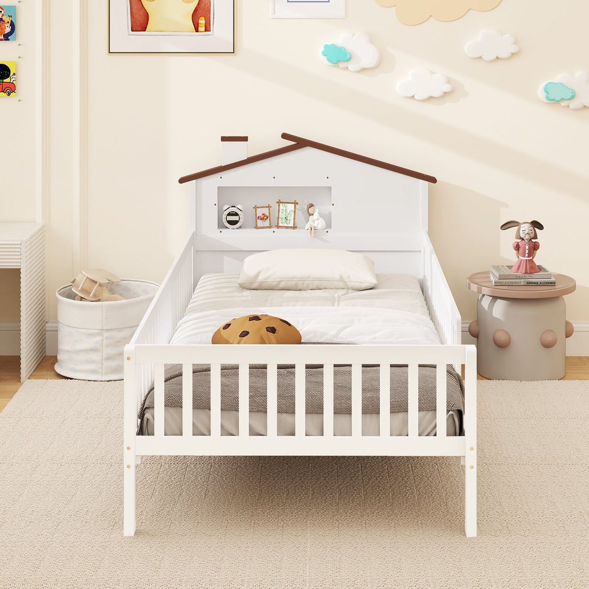 Twin Size Kids Montessori Bed with House-Shaped Headboard and Built-in Storage Shelf-Simple Bed Frame-DECOROLALA