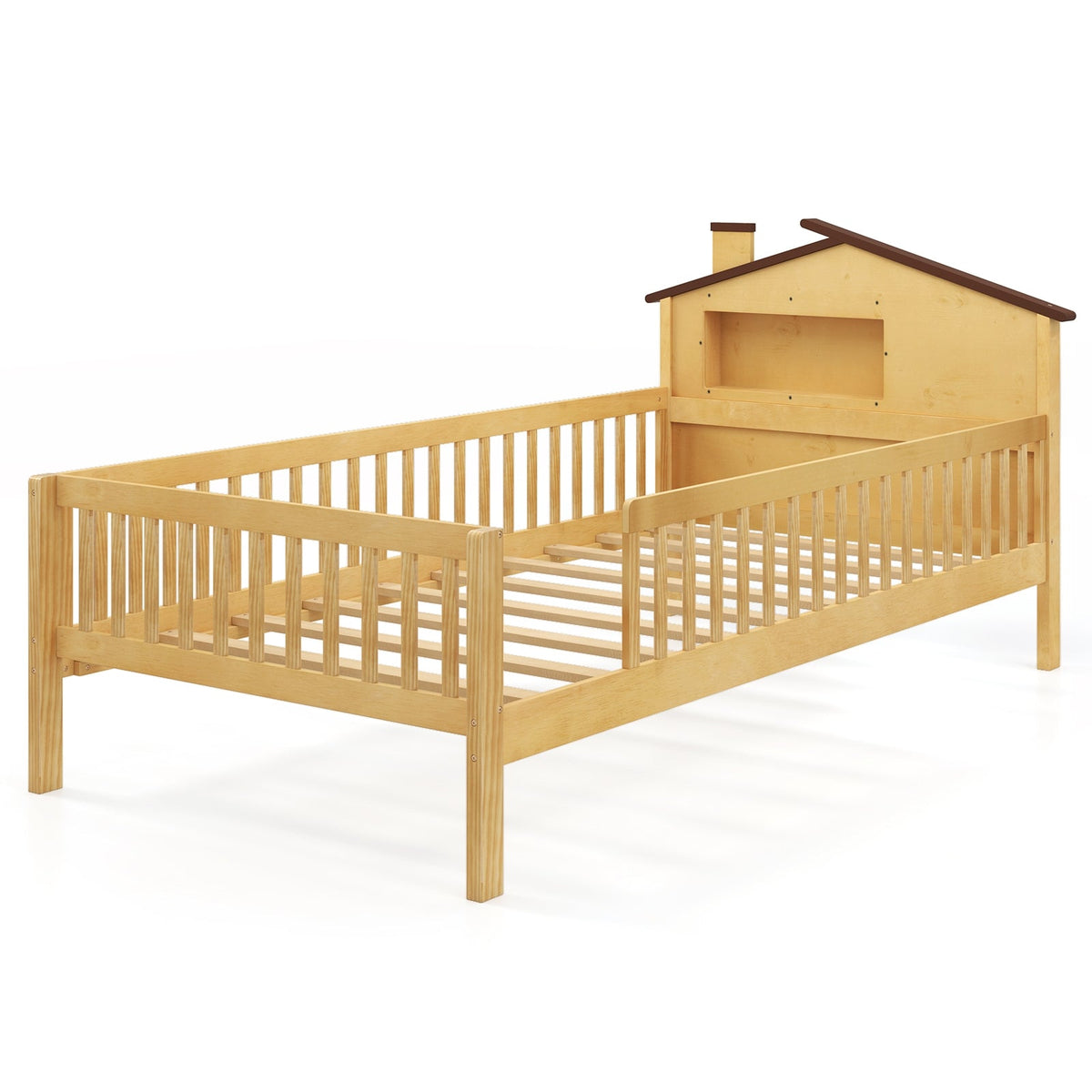 Twin Size Kids Montessori Bed with House-Shaped Headboard and Built-in Storage Shelf-Simple Bed Frame-DECOROLALA