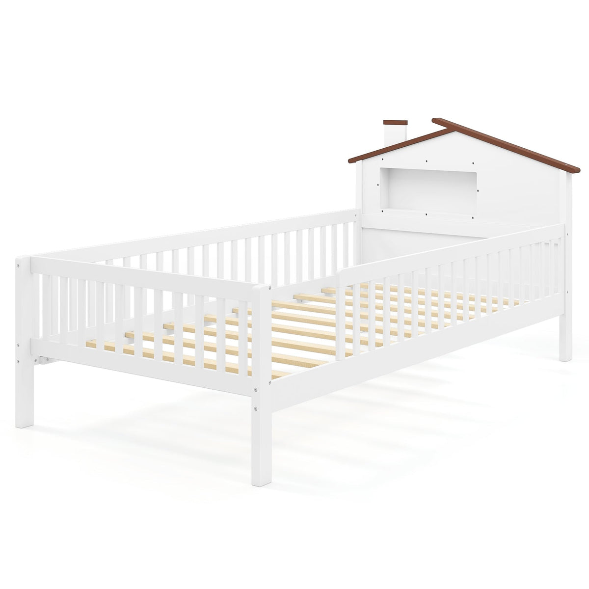 Twin Size Kids Montessori Bed with House-Shaped Headboard and Built-in Storage Shelf-Simple Bed Frame-DECOROLALA