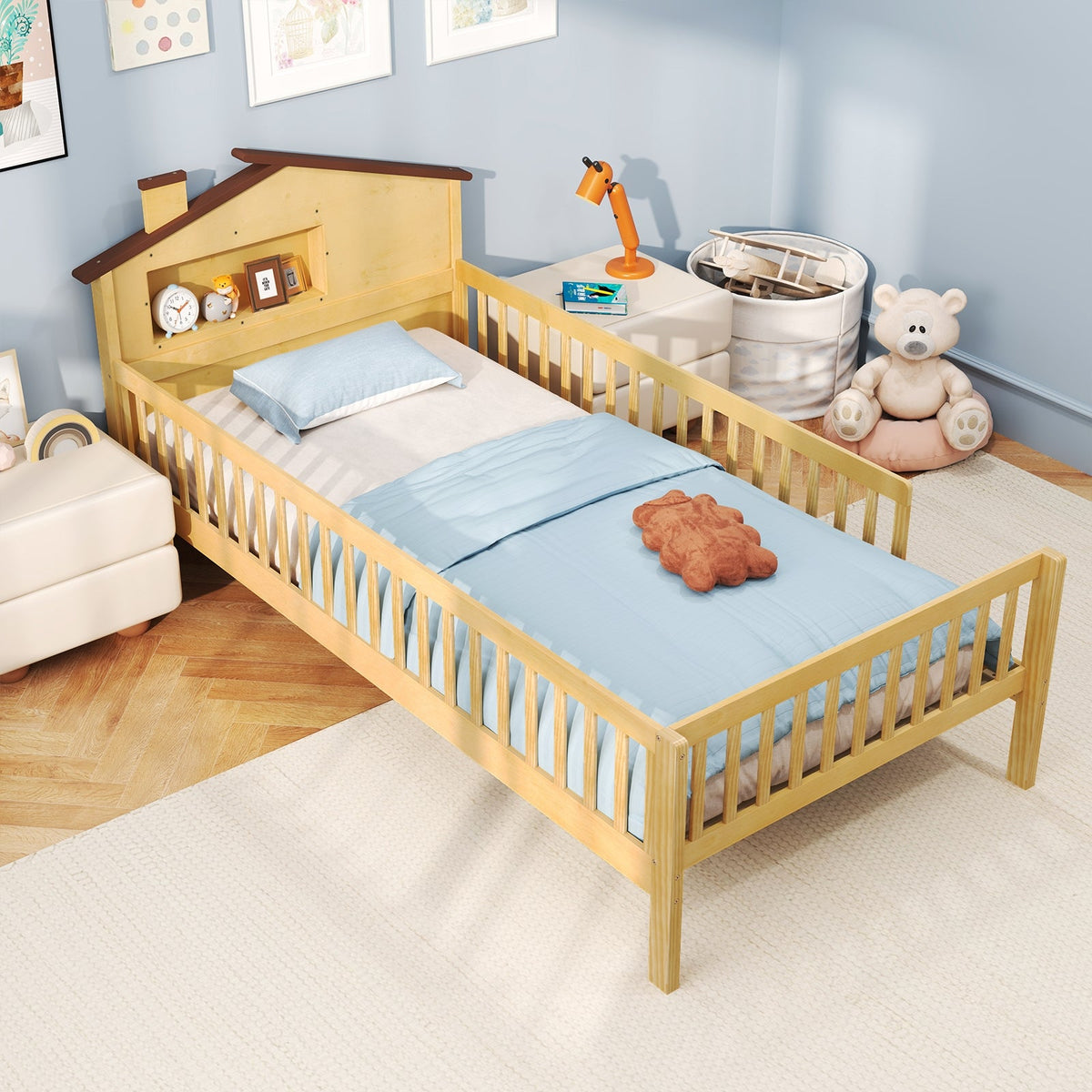 Twin Size Kids Montessori Bed with House-Shaped Headboard and Built-in Storage Shelf-Simple Bed Frame-DECOROLALA