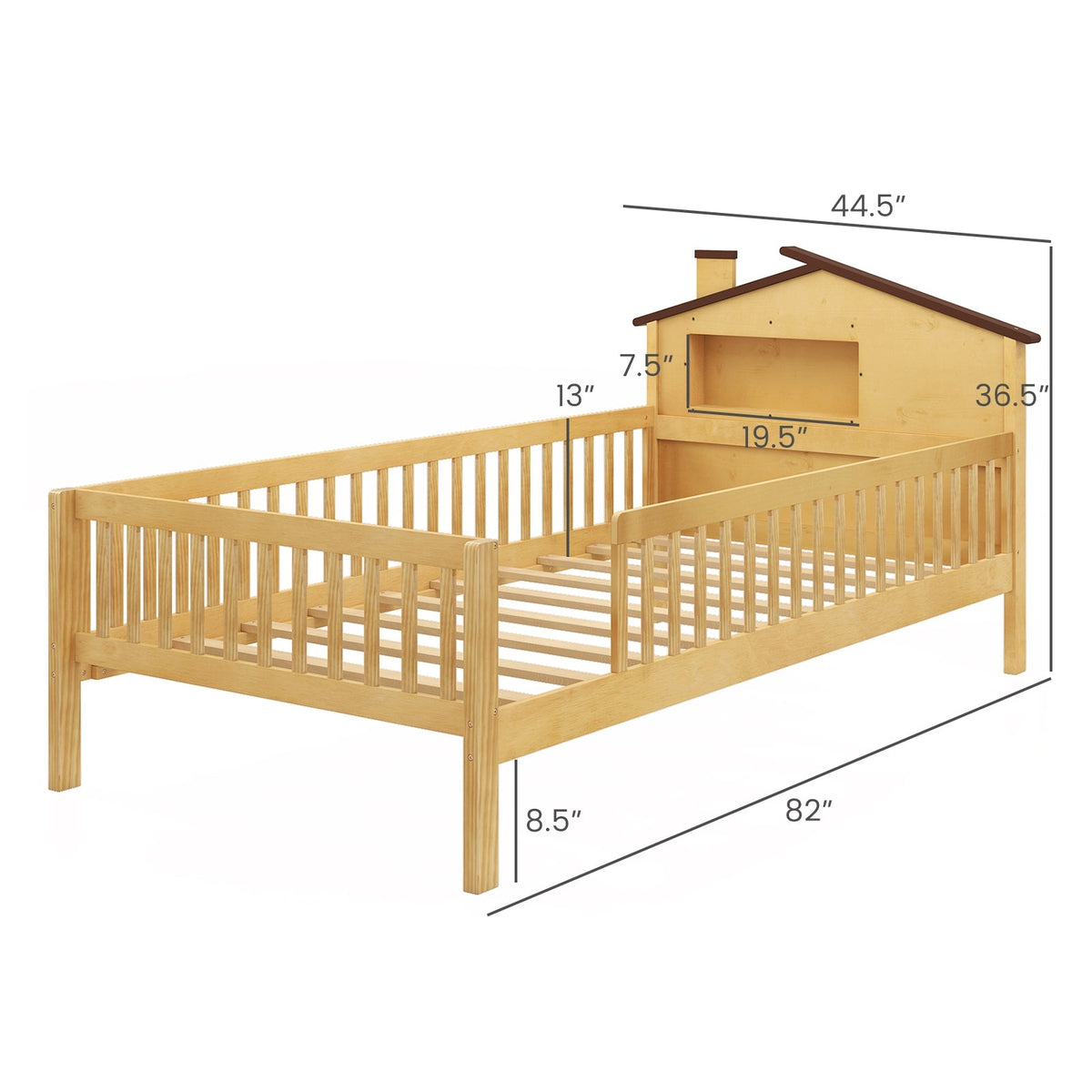 Twin Size Kids Montessori Bed with House-Shaped Headboard and Built-in Storage Shelf-Simple Bed Frame-DECOROLALA