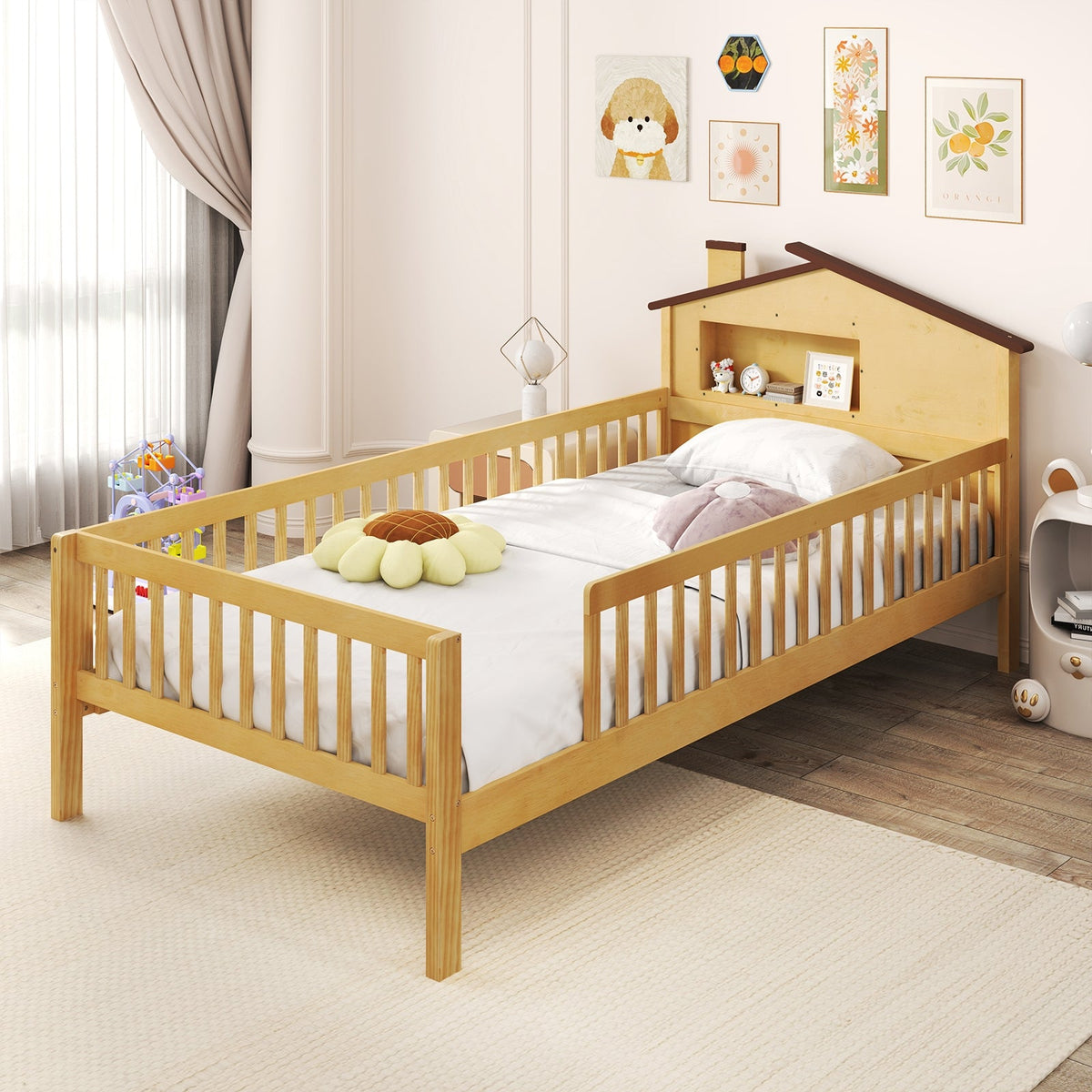 Twin Size Kids Montessori Bed with House-Shaped Headboard and Built-in Storage Shelf-Simple Bed Frame-DECOROLALA