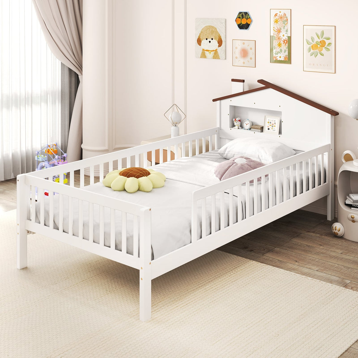 Twin Size Kids Montessori Bed with House-Shaped Headboard and Built-in Storage Shelf-White-Simple Bed Frame-DECOROLALA
