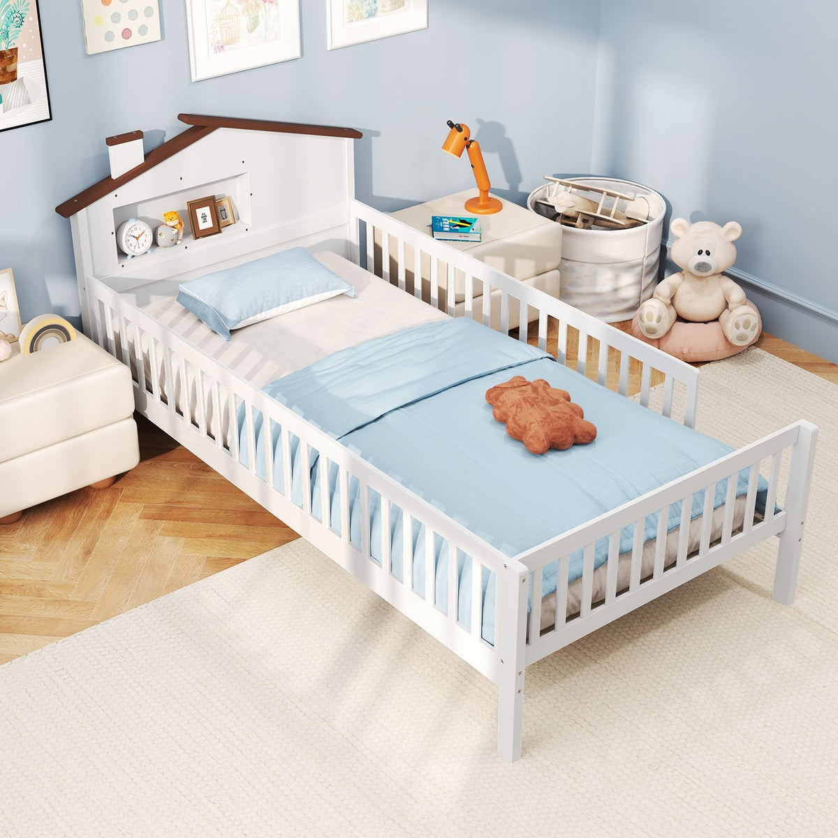 Twin Size Kids Montessori Bed with House-Shaped Headboard and Built-in Storage Shelf-White-Simple Bed Frame-DECOROLALA