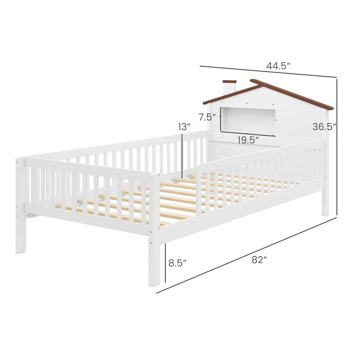 Twin Size Kids Montessori Bed with House-Shaped Headboard and Built-in Storage Shelf-White-Simple Bed Frame-DECOROLALA