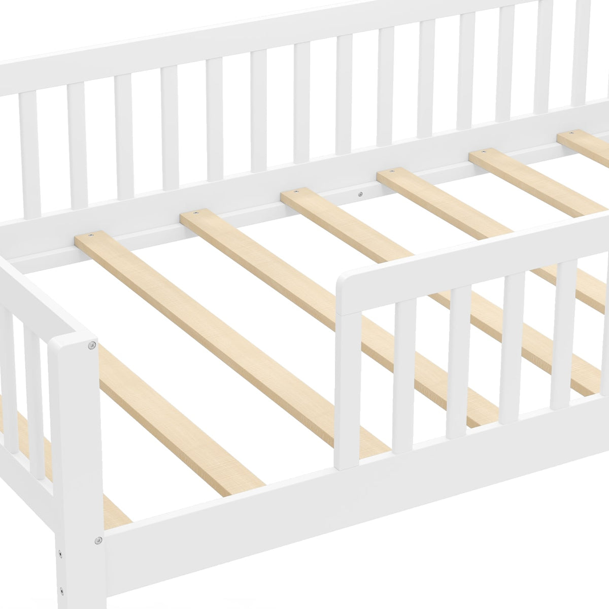 Twin Size Kids Montessori Bed with House-Shaped Headboard and Built-in Storage Shelf-White-Simple Bed Frame-DECOROLALA