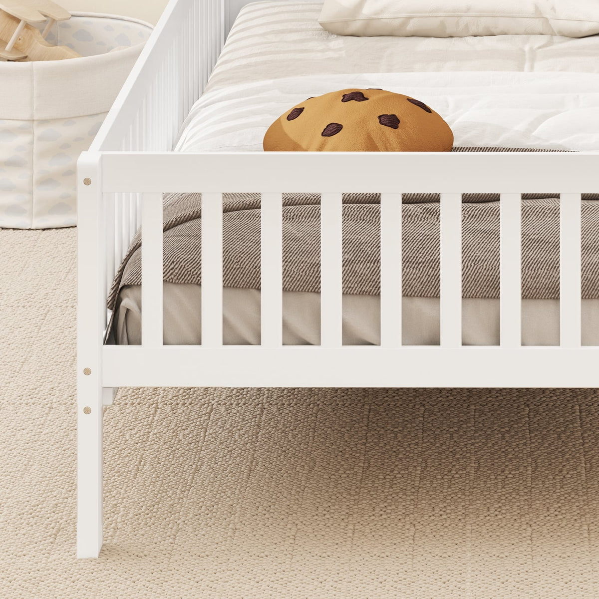 Twin Size Kids Montessori Bed with House-Shaped Headboard and Built-in Storage Shelf-White-Simple Bed Frame-DECOROLALA