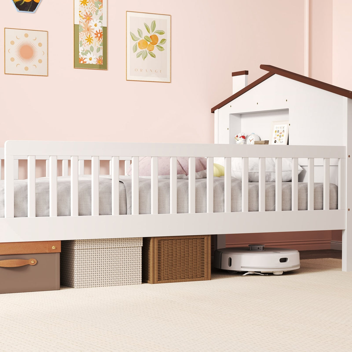 Twin Size Kids Montessori Bed with House-Shaped Headboard and Built-in Storage Shelf-White-Simple Bed Frame-DECOROLALA