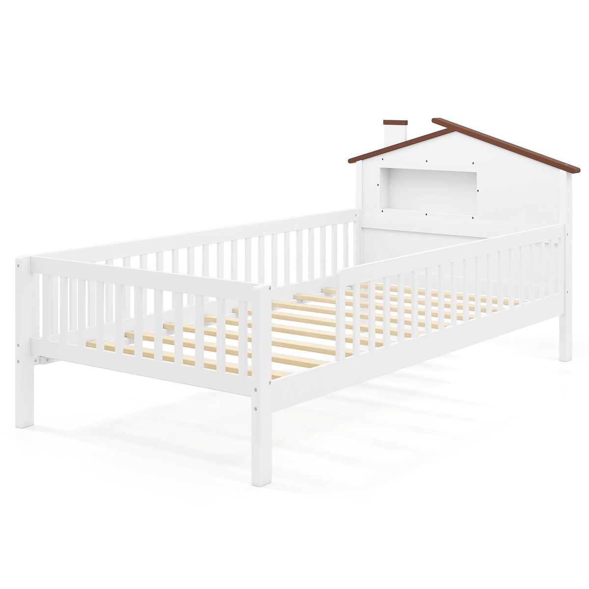 Twin Size Kids Montessori Bed with House-Shaped Headboard and Built-in Storage Shelf-White-Simple Bed Frame-DECOROLALA