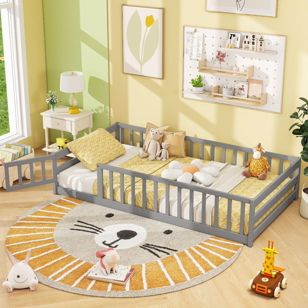 Twin Size Kids Wood Montessori Floor Bed with Door and Fence-Gray-Toddler Beds-DECOROLALA