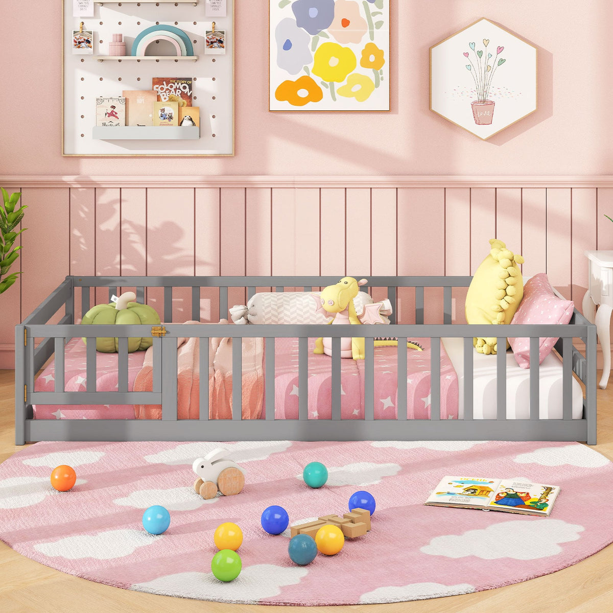 Twin Size Kids Wood Montessori Floor Bed with Door and Fence-Gray-Toddler Beds-DECOROLALA