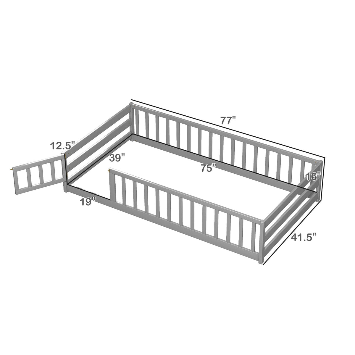 Twin Size Kids Wood Montessori Floor Bed with Door and Fence-Gray-Toddler Beds-DECOROLALA