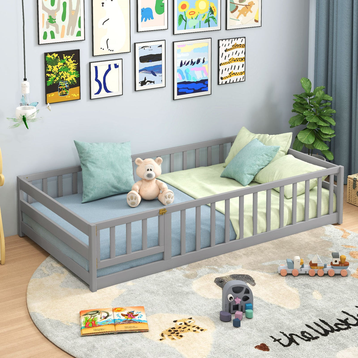 Twin Size Kids Wood Montessori Floor Bed with Door and Fence-Gray-Toddler Beds-DECOROLALA
