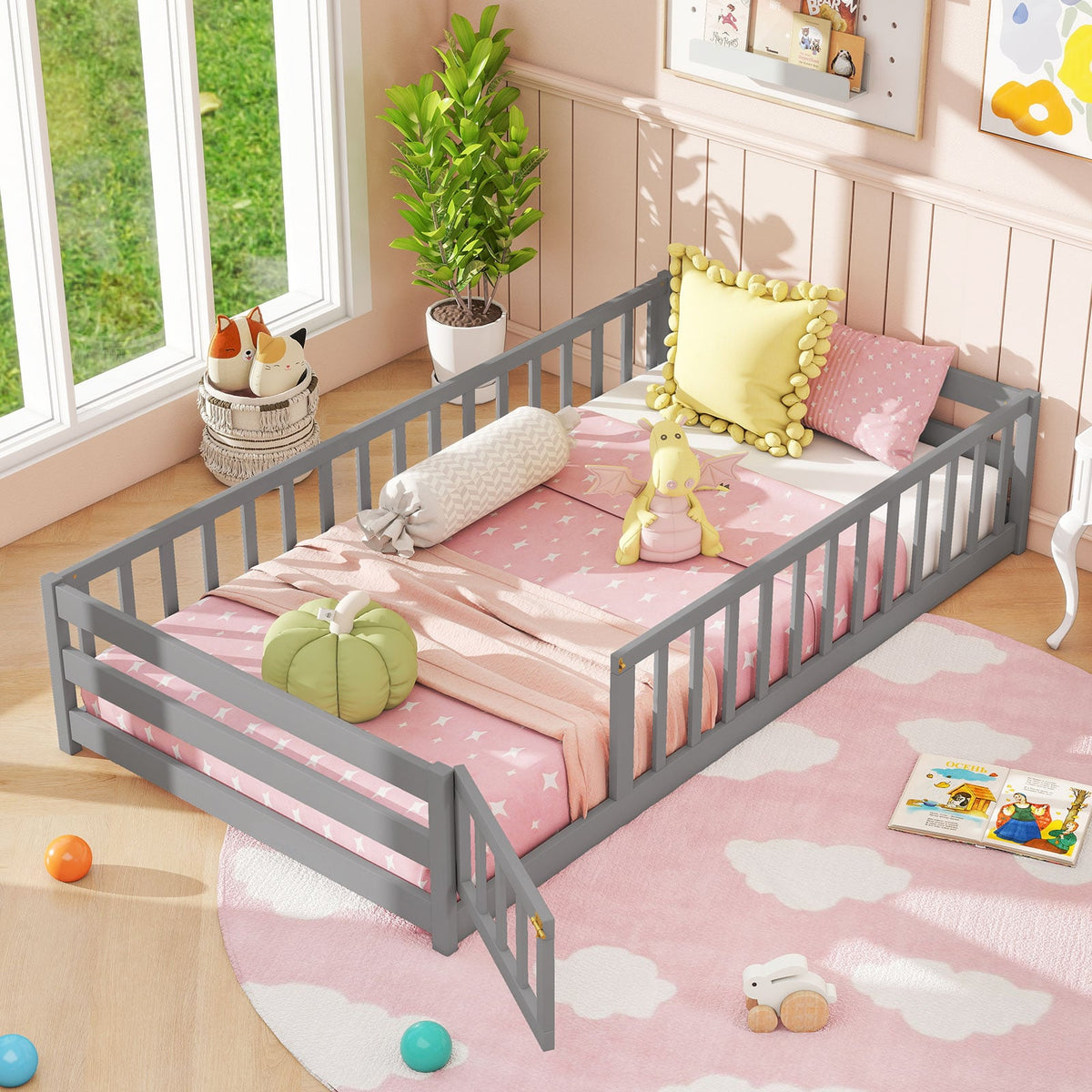 Twin Size Kids Wood Montessori Floor Bed with Door and Fence-Gray-Toddler Beds-DECOROLALA