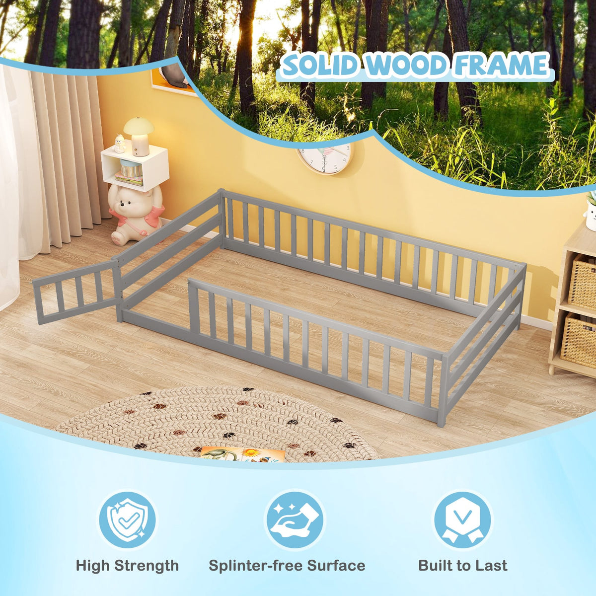 Twin Size Kids Wood Montessori Floor Bed with Door and Fence-Gray-Toddler Beds-DECOROLALA