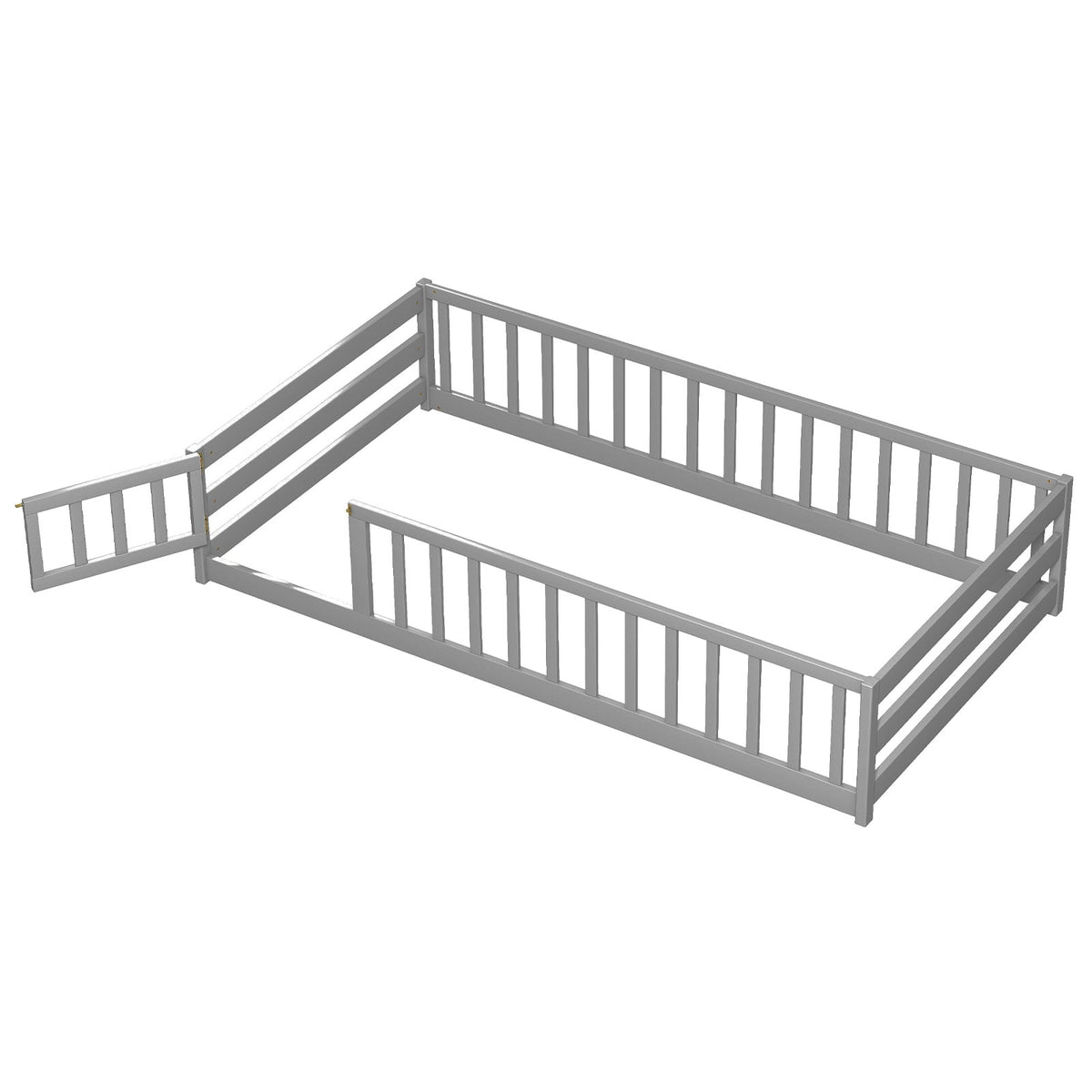 Twin Size Kids Wood Montessori Floor Bed with Door and Fence-Gray-Toddler Beds-DECOROLALA