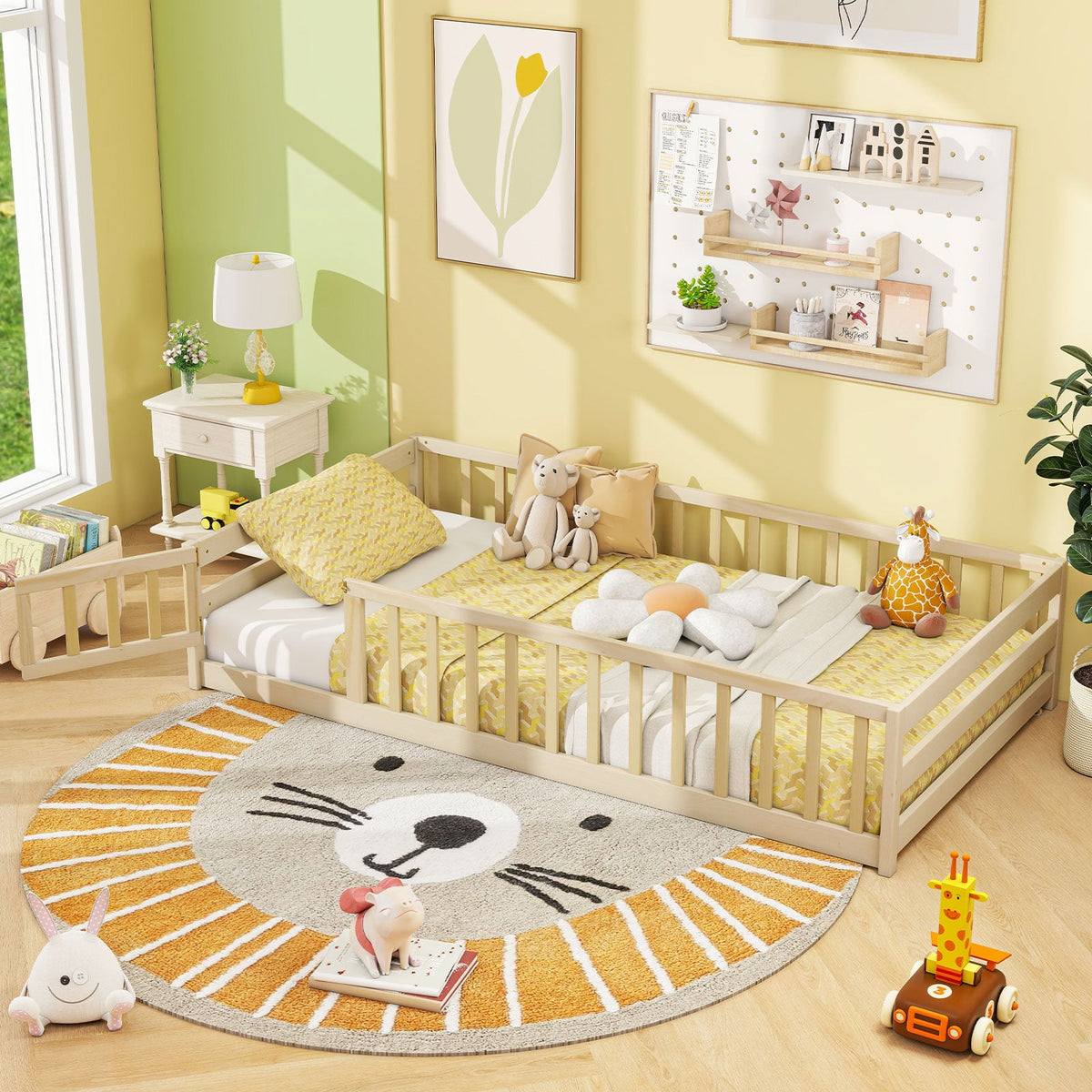 Twin Size Kids Wood Montessori Floor Bed with Door and Fence-Natural-Toddler Beds-DECOROLALA