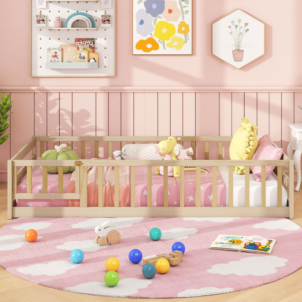 Twin Size Kids Wood Montessori Floor Bed with Door and Fence-Natural-Toddler Beds-DECOROLALA