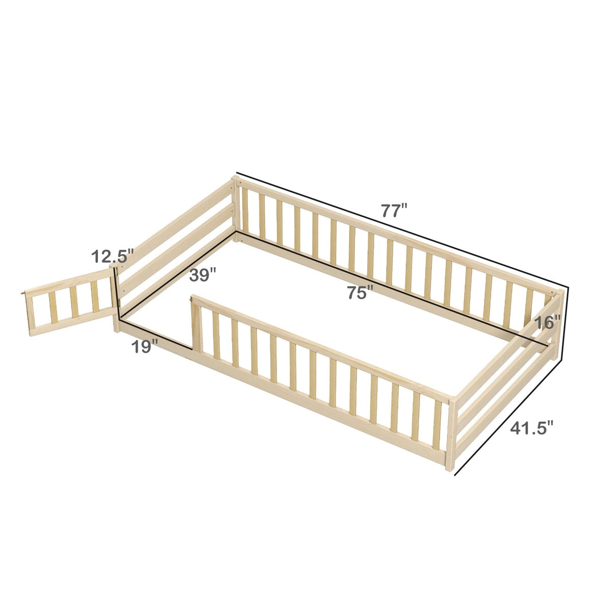 Twin Size Kids Wood Montessori Floor Bed with Door and Fence-Natural-Toddler Beds-DECOROLALA