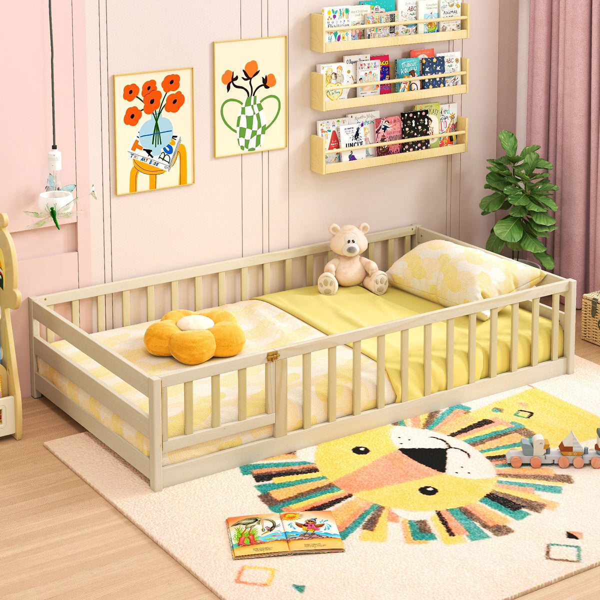 Twin Size Kids Wood Montessori Floor Bed with Door and Fence-Natural-Toddler Beds-DECOROLALA