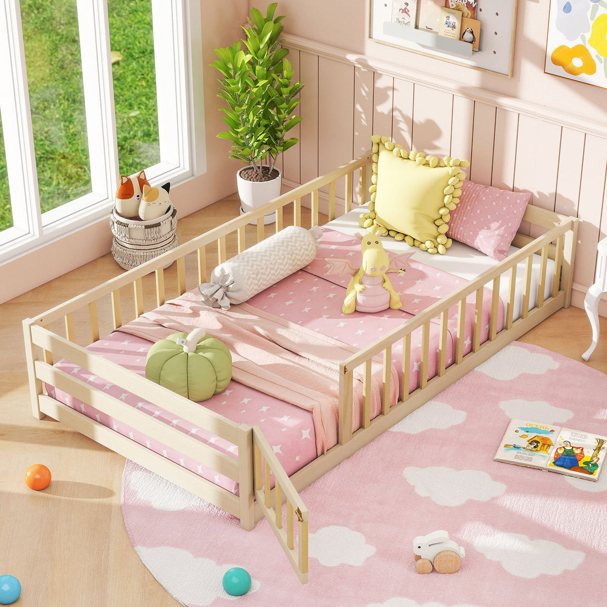 Twin Size Kids Wood Montessori Floor Bed with Door and Fence-Natural-Toddler Beds-DECOROLALA
