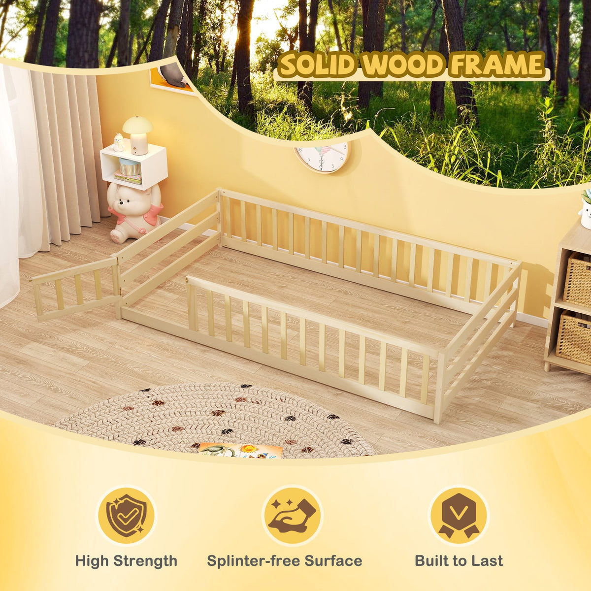 Twin Size Kids Wood Montessori Floor Bed with Door and Fence-Natural-Toddler Beds-DECOROLALA