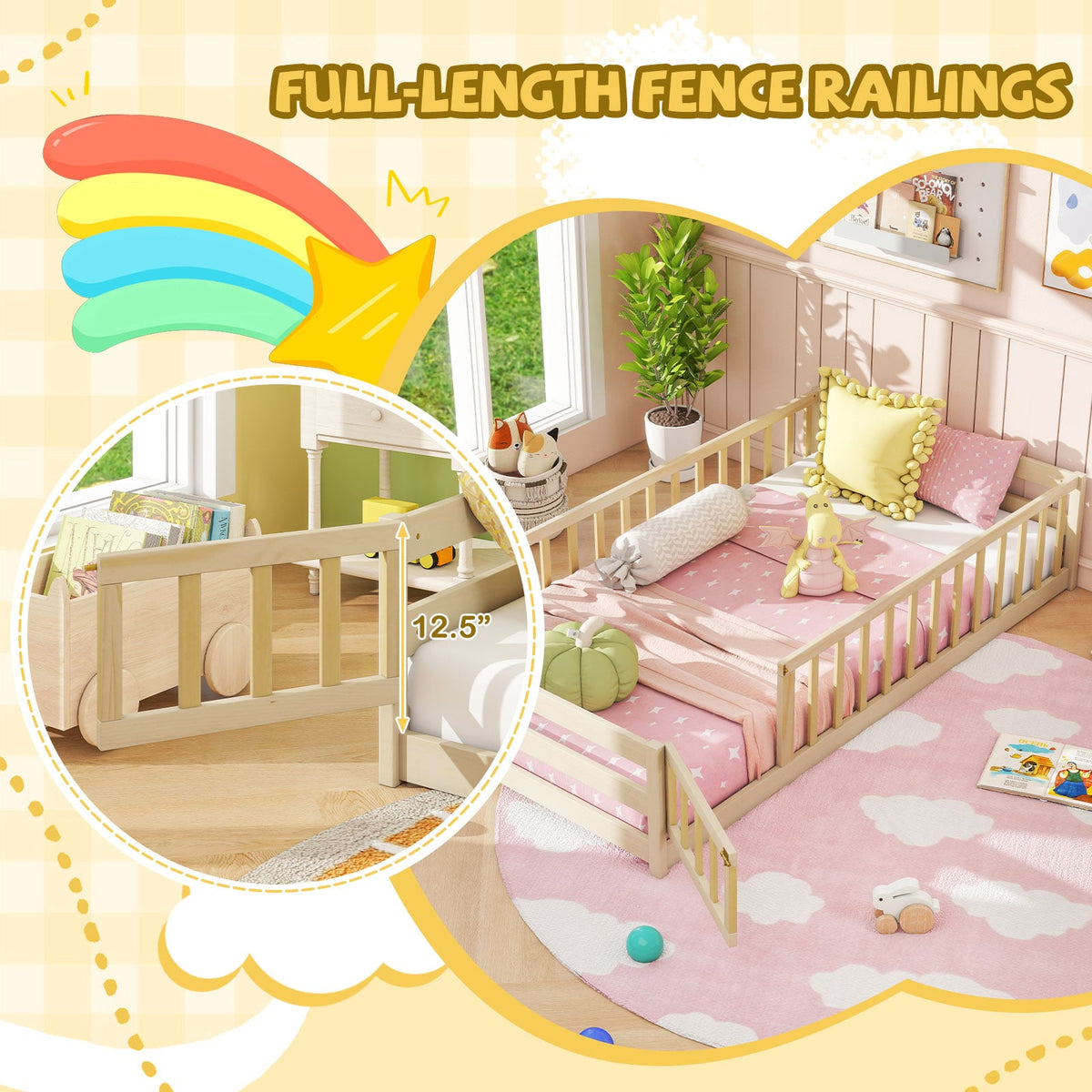 Twin Size Kids Wood Montessori Floor Bed with Door and Fence-Natural-Toddler Beds-DECOROLALA