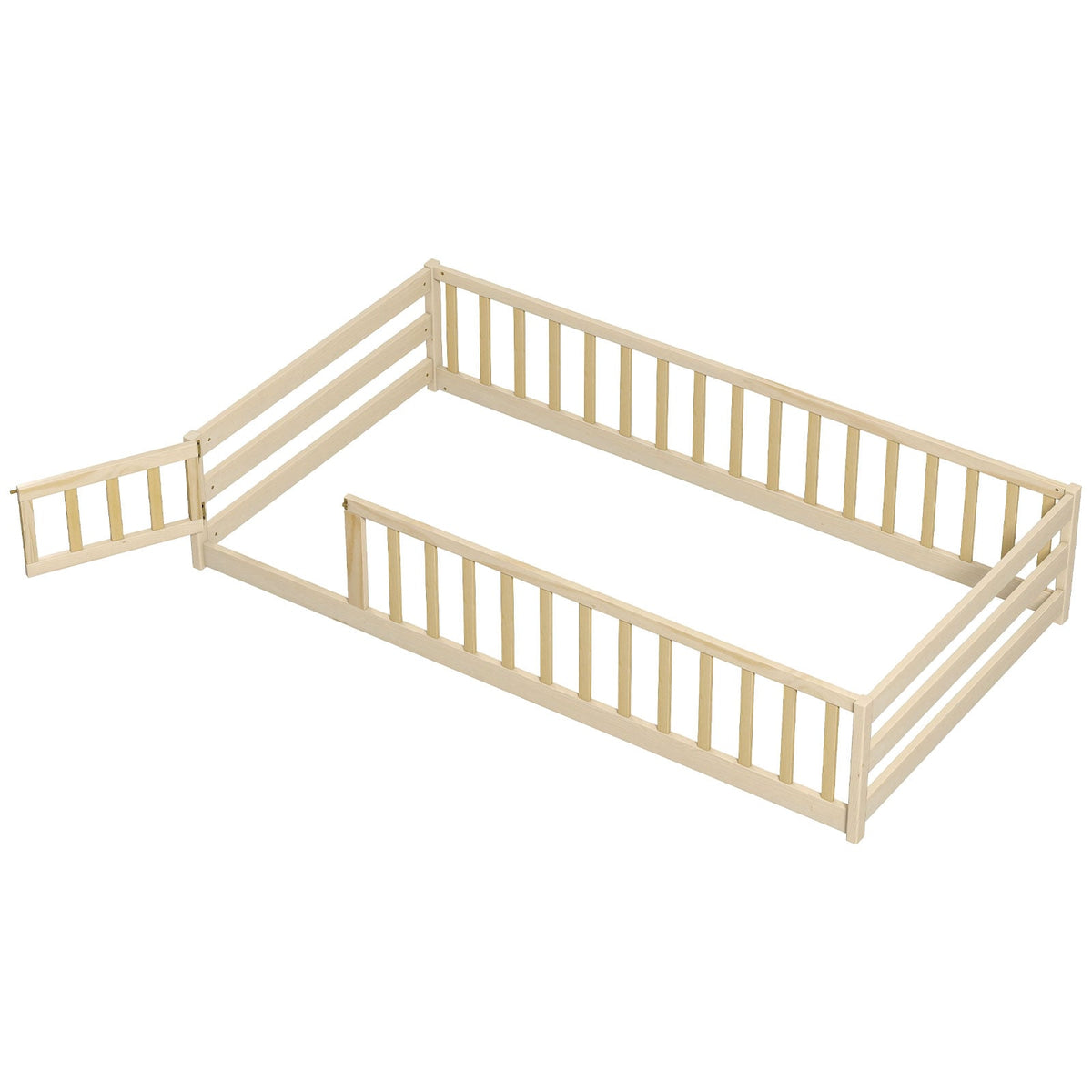 Twin Size Kids Wood Montessori Floor Bed with Door and Fence-Natural-Toddler Beds-DECOROLALA