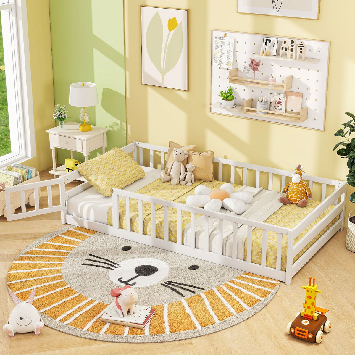 Twin Size Kids Wood Montessori Floor Bed with Door and Fence-White-Toddler Beds-DECOROLALA