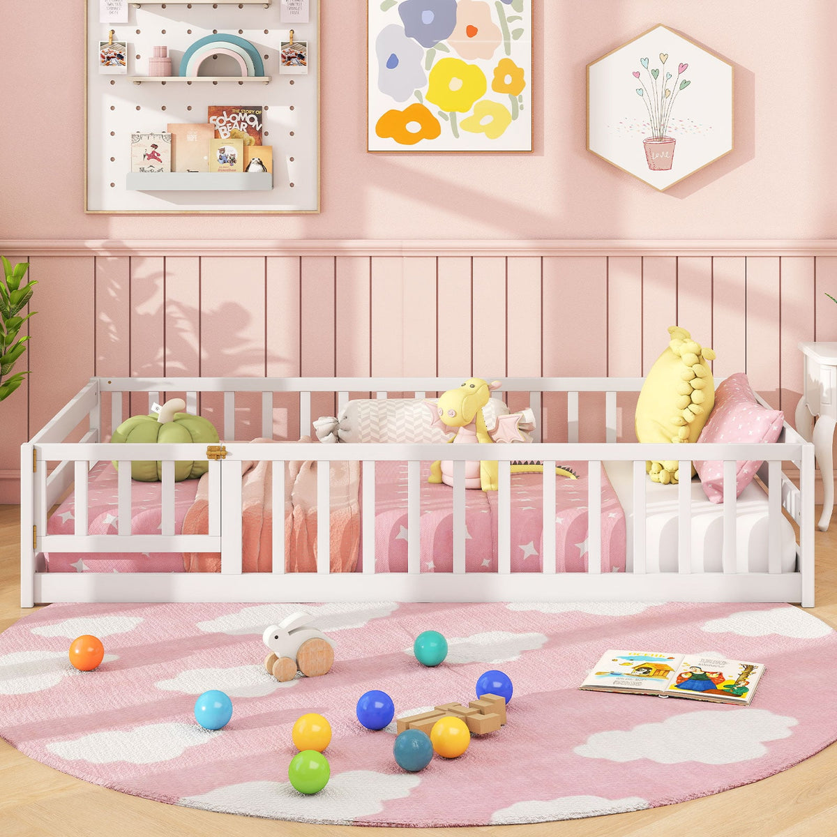 Twin Size Kids Wood Montessori Floor Bed with Door and Fence-White-Toddler Beds-DECOROLALA