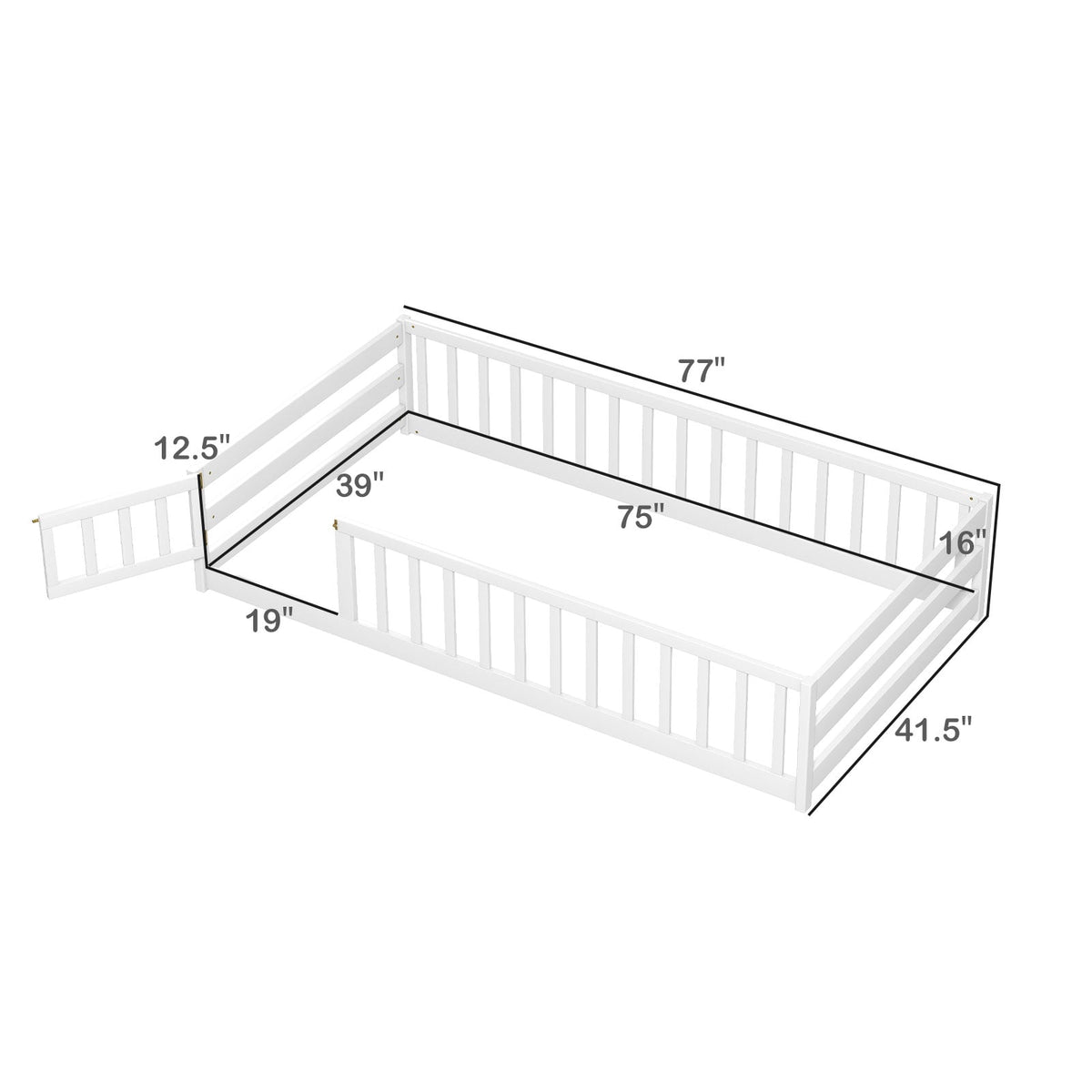 Twin Size Kids Wood Montessori Floor Bed with Door and Fence-White-Toddler Beds-DECOROLALA