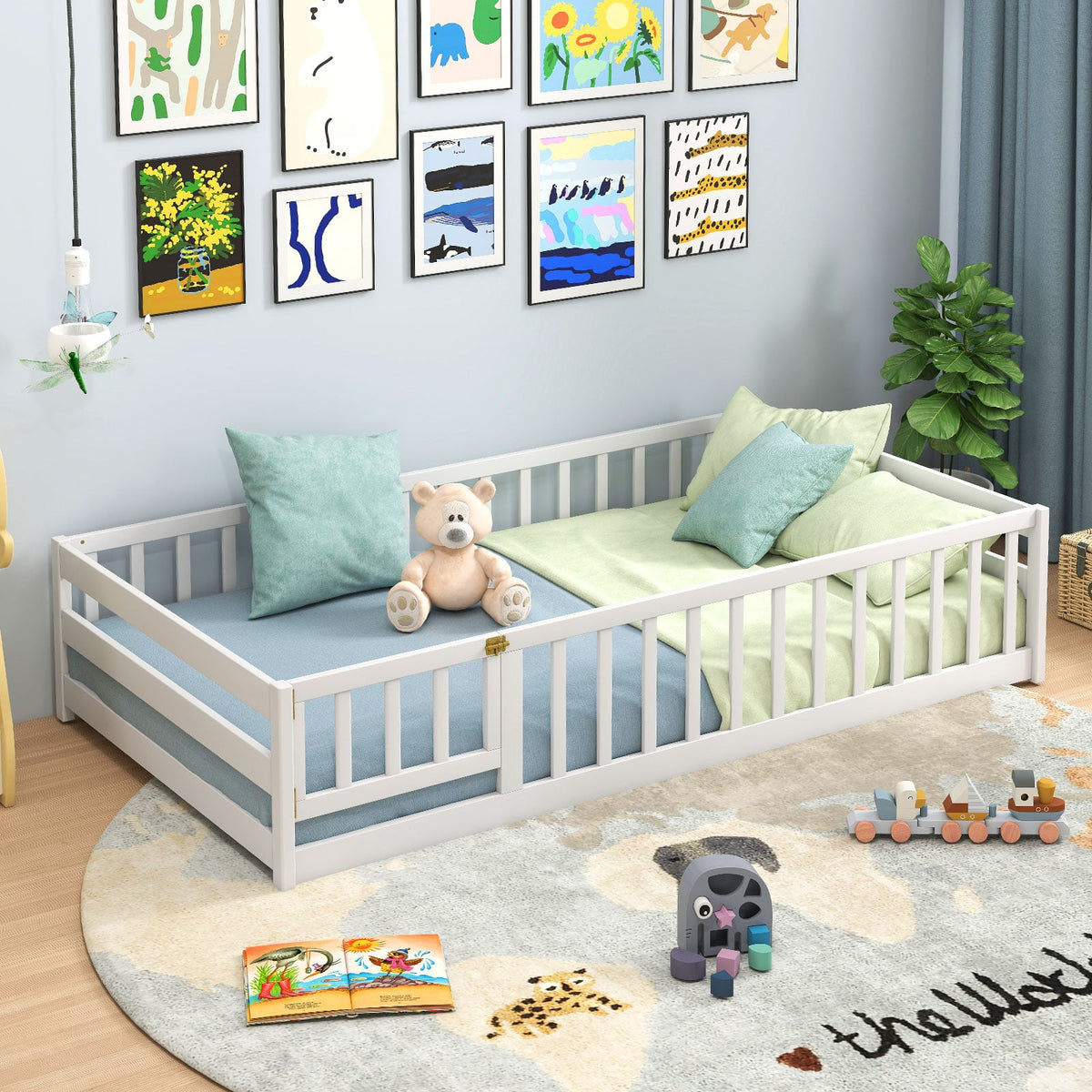 Twin Size Kids Wood Montessori Floor Bed with Door and Fence-White-Toddler Beds-DECOROLALA