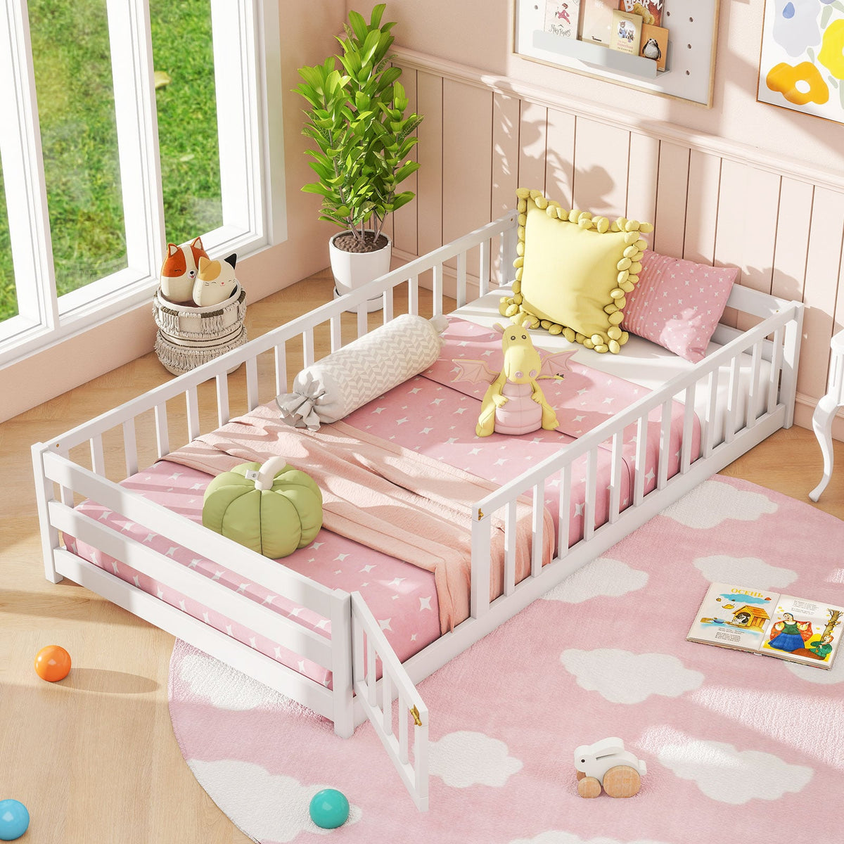 Twin Size Kids Wood Montessori Floor Bed with Door and Fence-White-Toddler Beds-DECOROLALA
